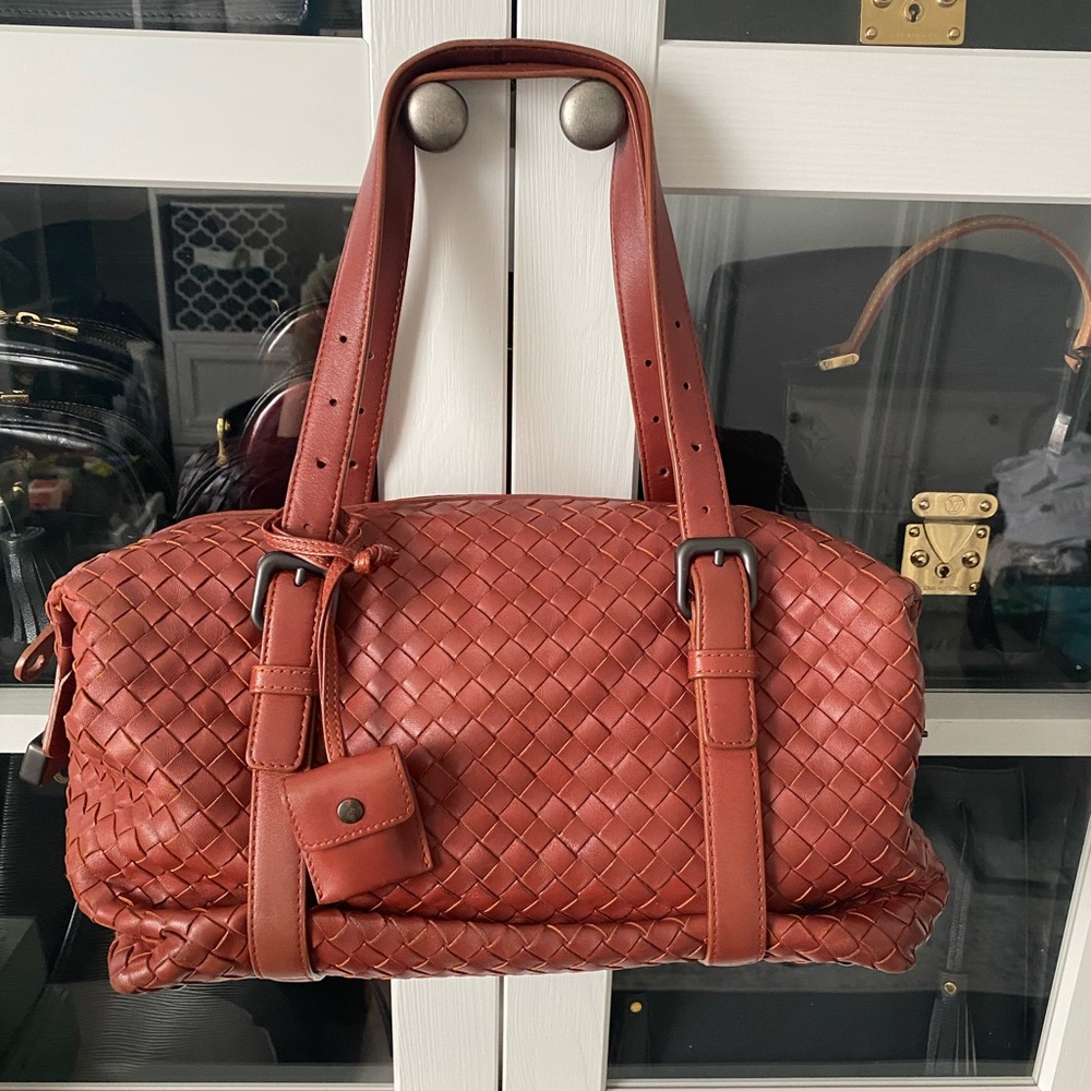 Bottega Venetia Intrecaccio Leather Boston Bag.